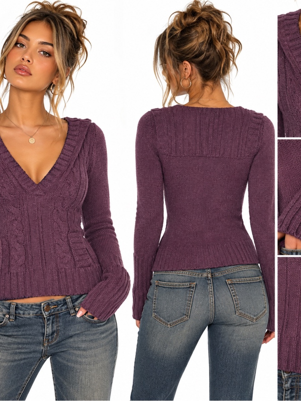 Y2K Purple Cable Knit V Neck Sweater Size Large Pockets Wool Blend